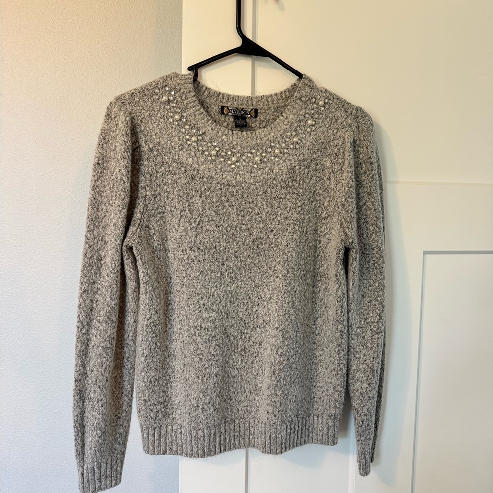 Madison Heather Gray Sweater with Pearl Accents - Picture 1 of 3
